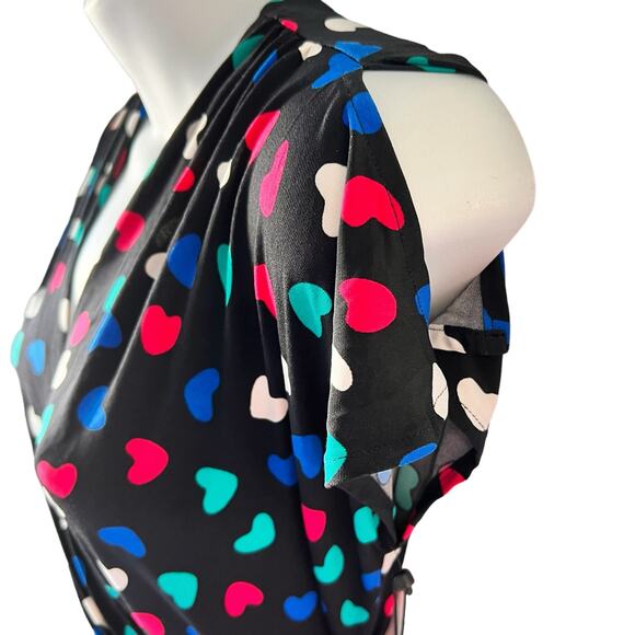 New* Wrap Dress Size Medium Black Pink Green Hearts Fit & Flare Colorful READ - Picture 9 of 16